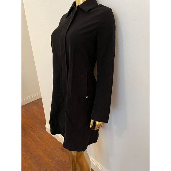 Theory Black Button zip Long Womens Trench Coat Academia Preppy Classic Split M - Picture 3 of 13